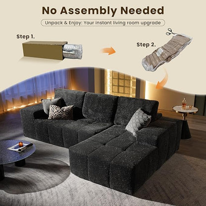 114" Glitter Cloud Sectional Couch with L-Shape Chaise, Modern Boneless Couches for Living Room, Fluffy Tufted Deep Seat Modular Sofa in a Box No Assembly