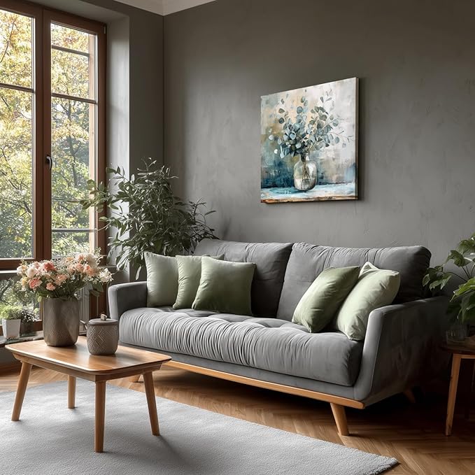 Framed Eucalyptus Leaf Wall Art, Sage Green Botanical Canvas Print, Rustic Farmhouse Bathroom Wall Decor, Soft Blue Floral Aesthetic Picture for Bedroom living Room 16x16 inch