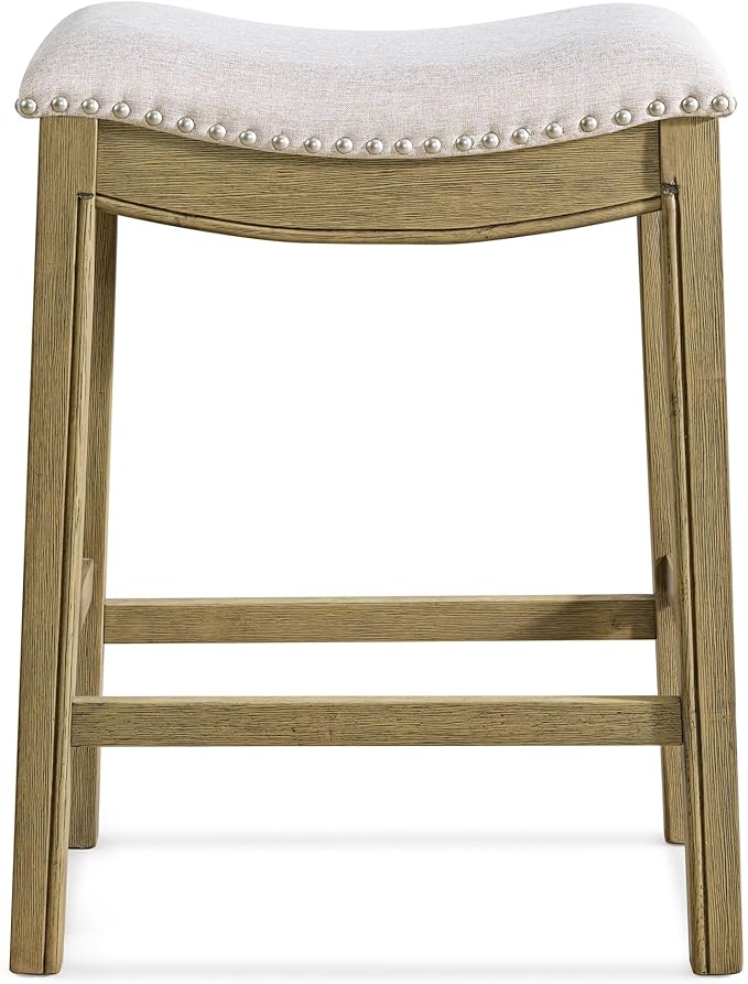 ROME + OAK Set of 3 Parker 26" Counter Stool, Backless Saddle Kitchen Barstool in Natural Wood Finish with Wheat Cream Fabric Upholstery Cushion Seat