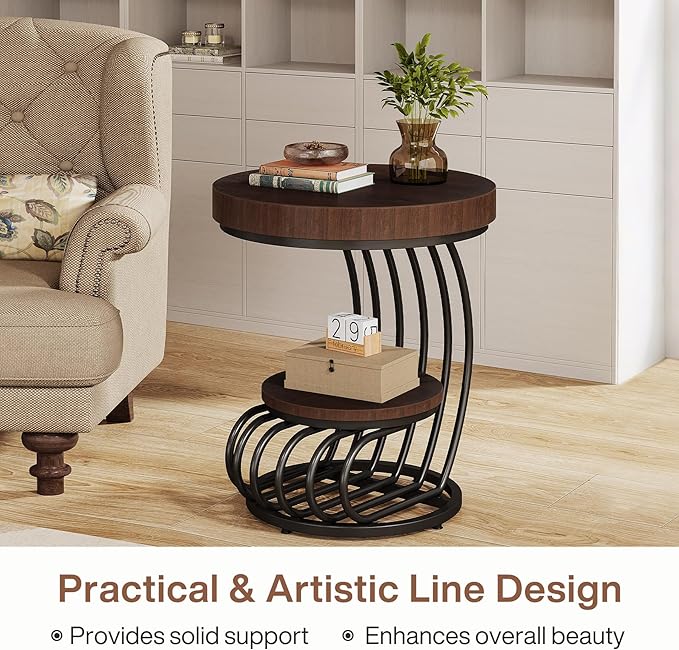 Tribesigns Round End Table Set of 2, 2-Tier Farmhose Wood Side Table with Shelf Storage, Small Sofa Side Bedside Nightstand, Accent Furniture for Living Room, Rustic Brown