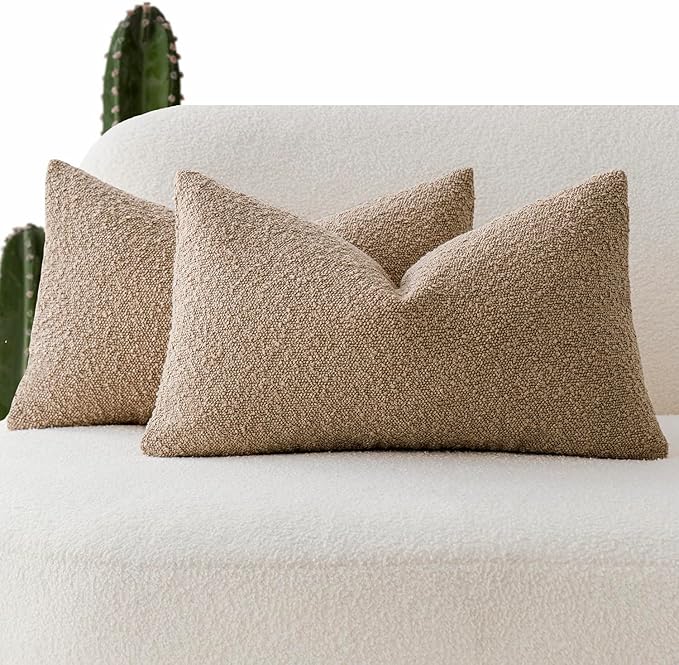 Foindtower Pack of 2 Textured Boucle Throw Pillow Covers Accent Solid Lumbar Pillow Cases Cozy Soft Decorative Couch Cushion Case for Chair Sofa Bedroom Living Room Home Decor, 12 x 20 Inch,Camel