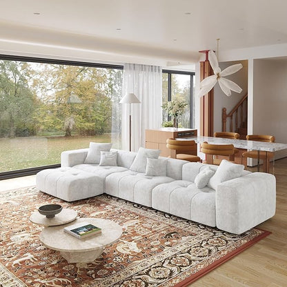 JACH 144.1 Inch L-Shaped Modular Sofas, Modern 3-Seater Couch with Chaise Ottoman, Mid Century Modern Sectional Couches, Cozy Sleeper Sofa for Apartment/Living Room (Linen Fabric, White)