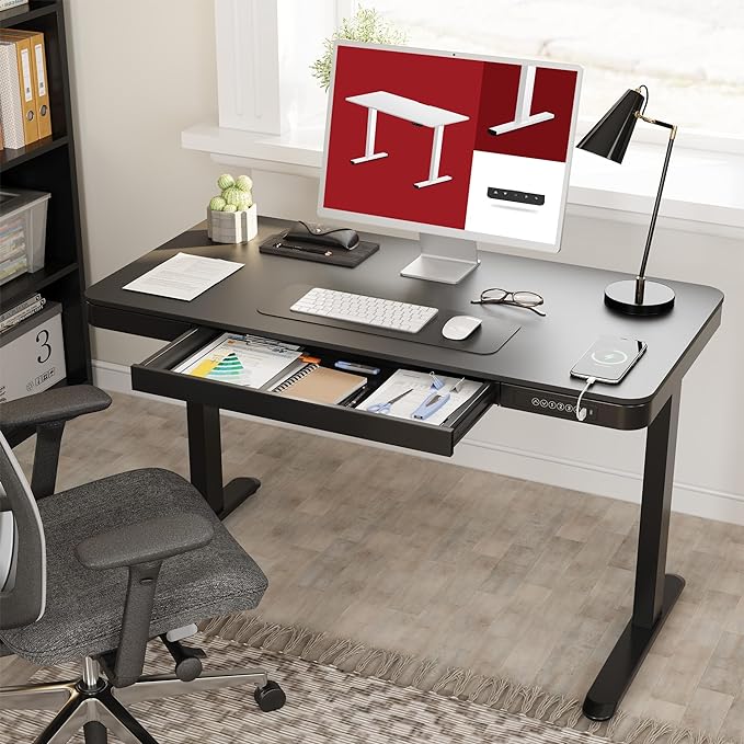 Standing Desk with Drawer, Electric Height Adjustable Home Office Desk with Storage & USB Ports, 48 inch Black Wood Tabletop/White Frame