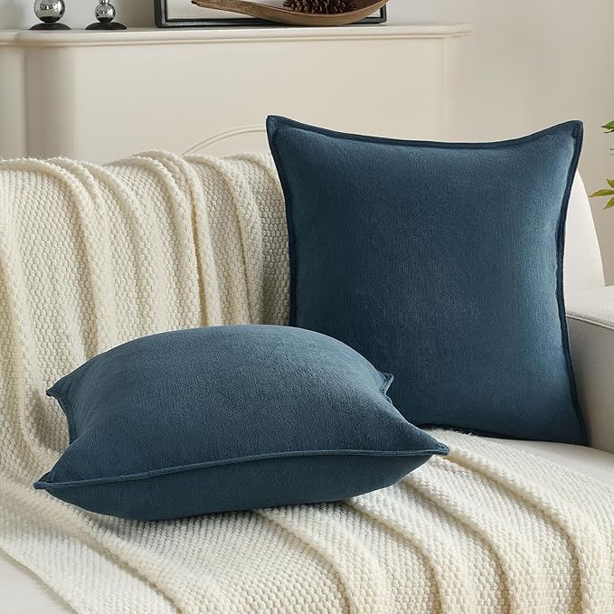 FUTEI Navy Blue Chenille Throw Pillow Covers 18x18 Inch Set of 2,Edges Double-Stitched Cushion Cases,Modern Home Decor for Couch Living Room