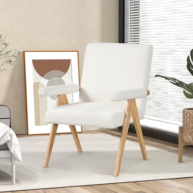 Giantex Mid-Century Modern Accent Chairs Set of 2, Sherpa Fabric Reading Chair with Padded Armrests, Solid Rubber Wood Frame, Upholstered Side Arm Chair for Living Room, Bedroom, Office, Beige
