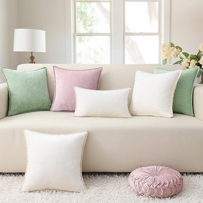 decorUhome Chenille Soft Throw Pillow Covers 18x18 Set of 2, Farmhouse Velvet Neutral Decorative Euro Pillow Covers with Stitched Edge for Couch Sofa Bed Home Decor, Blush Pink