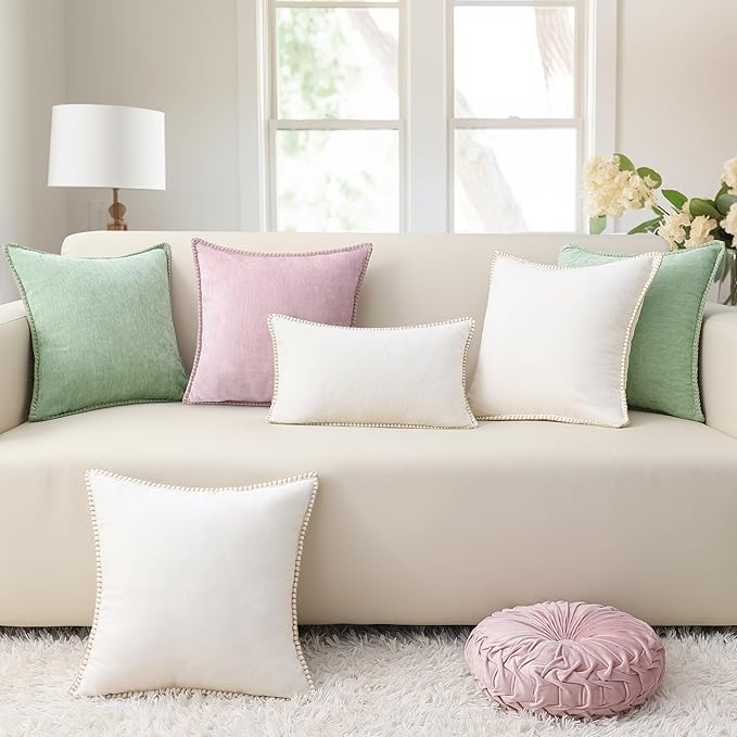 decorUhome Christmas Chenille Soft Throw Pillow Covers 18x18 Set of 2, Farmhouse Velvet Neutral Decorative Euro Pillow Covers with Stitched Edge for Couch Sofa Bed Home Decor, Sage Green