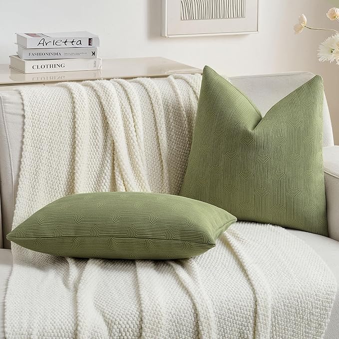 FUTEI Moss Green Chenille Decorative Throw Pillow Covers 18x18 Inch Set of 2,Soft Cozy Striped Geometric Patterns Cushion Case,Modern Home Decor for Couch Bed Living Room