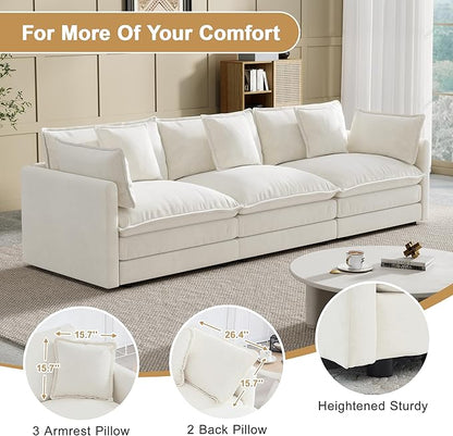 Modular Sectional Sofa, 111.5 Inch I-Shaped Cloud Sofa with Deep Seat Chenille Sofa with Cushions, Three-Self Sectional Sofa for Living Room Apartment,White