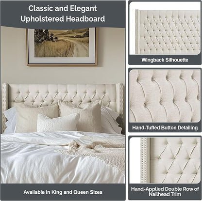 Madison Park King Button Tufted Headboard, Adjustable Upholstered Wingback Headboard, Nailhead Trim, Wooden Frame, Black Metal Legs, Flush Flat Back, Vintage Bedroom Décor - Navy Amelia