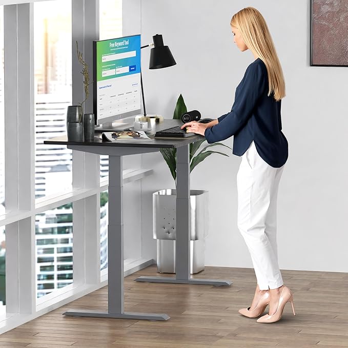 RISE UP dual motor electric standing desk 60x30" black bamboo desktop premium ergonomic adjustable height sit stand up home office computer desk table motorized powered modern furniture small standup