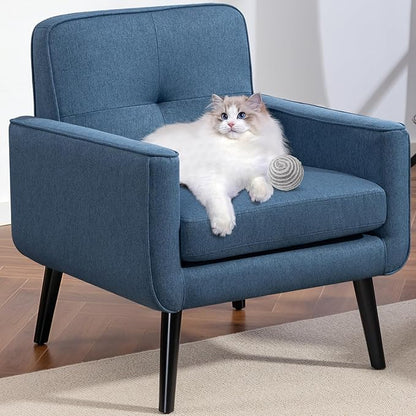 Mid Century Accent Chair, Fabric Modern Chair with Wooden Frame, Cozy Armchair Reading Chair with Comfy Back for Apartment, Living Room, Bedroom, Waiting Room, Small Space, Corner, Blue