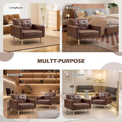 CANMOV 29" W Oversized Leather Accent Chair, Armchair Button Back, Mid Century Modern Accent Chairs for Living Room, Modern Upholstered Bed Room Chair Cozy Armchair with Wood Legs, Brown