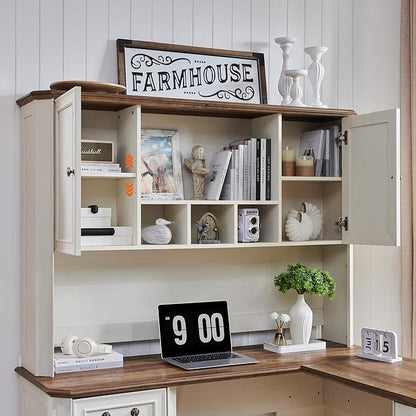 T4TREAM 59" L Shaped Desk with Hutch,Victorian Wood Computer Desk, Featuring Charging Station,File Drawer, Storage Cabinet,for Home Office Work and Study (Antique White)