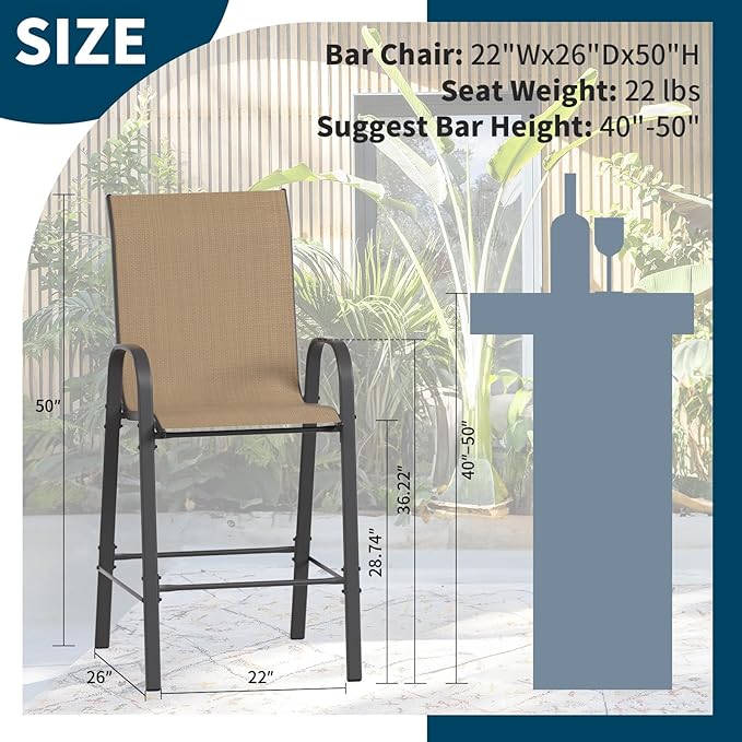 Amopatio Outdoor Bar Stools Set of 2,Comfortable High Back Patio Bar Chairs,All-Weather Sturdy Bar Height Outdoor Chairs for Porch, Backyard, Brown