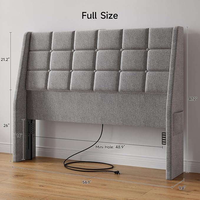 ONBRILL Ergonomic Upholstered Full Size Headboard w/Charging Station, Linen Wingback Headboards w/Storage Pocket, Full Headboard Only, Bed Frame Adapters, Sturdy Solid Wood Bed Head Board, Light Grey