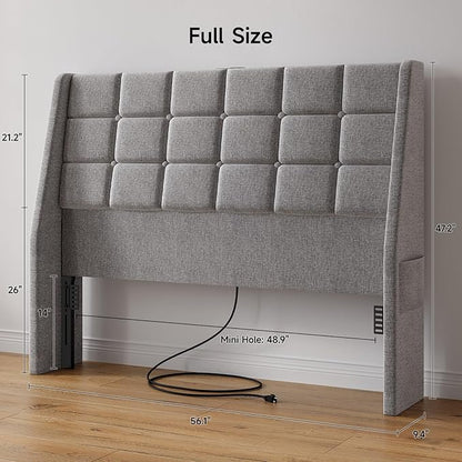 ONBRILL Ergonomic Upholstered Full Size Headboard w/Charging Station, Linen Wingback Headboards w/Storage Pocket, Full Headboard Only, Bed Frame Adapters, Sturdy Solid Wood Bed Head Board, Light Grey