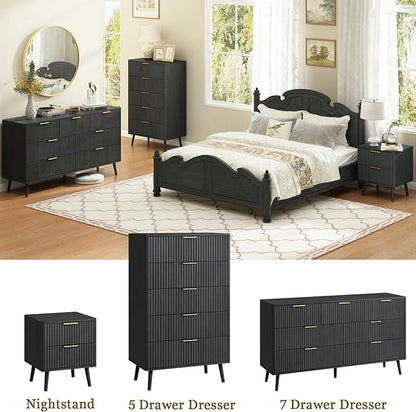 CARPETNAL Fluted 7 Drawer Dresser for Bedroom, 55" Wide Wooden Chest of Drawers with Rounded Corners, Gold Handles, Modern Storage Organizer for Bedroom, Hallway(Black)