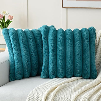 FUTEI Teal Decorative Throw Pillow Covers 16x16 Inch Set of 2, Square Soft Faux Rabbit Fur Thick Striped Cushion Cover,Winter Home Decor for Couch Bed Living Room