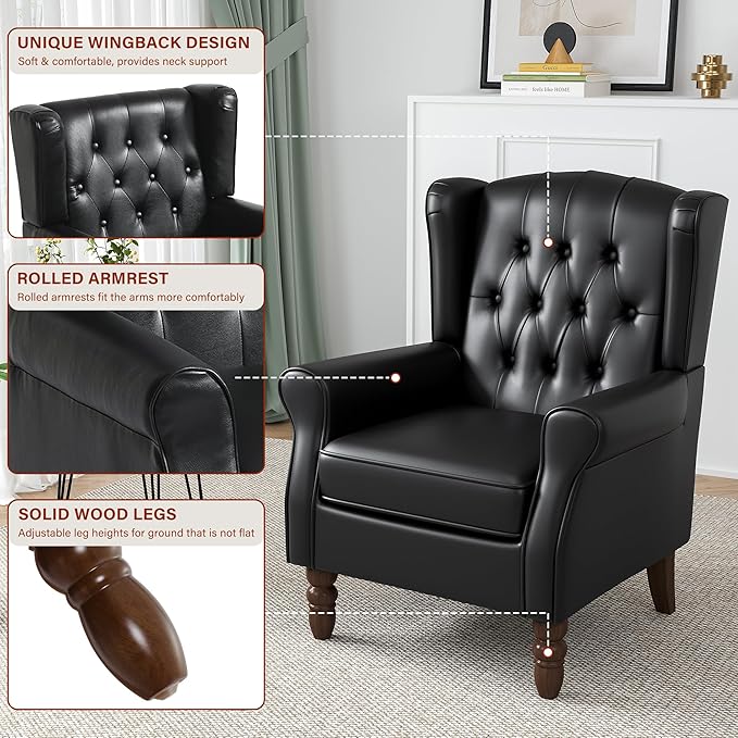 High Back Accent Chairs Set of 2, Faux Leather Wingback Chair for Living Room, Button-Tufted Upholstered Armchair with Solid Wood Legs, Comfy Single Sofa Reading Chair for Bedroom, Black