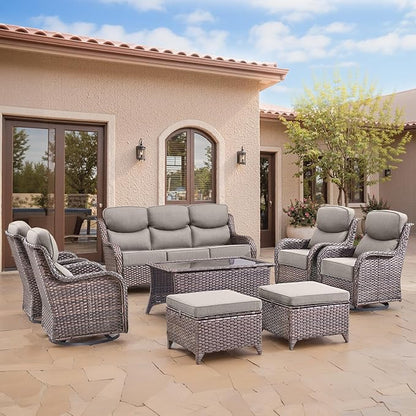 Swivel Patio Chairs sofa Set of 5 with 6" Thick Cushion - Wicker Outdoor Swivel Rocker Patio Chair with Side Table, High Back Comfortable Outdoor Glider Chairs - Brown Wicker | Grey Cushions