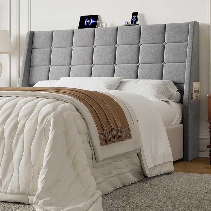 Queen Size Headboard with Charging Station, Ergonomic Upholstered Linen Headboards Only, Wingback Wood Bed Head Board with Storage Pocket, Bed Frame Adapters, Light Grey