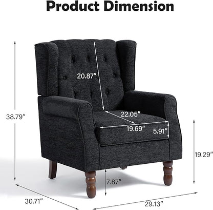 Mid-Century Modern 2-Piece Wingback Chair Set - Plush Upholstered Accent Chairs with Solid Wood Legs, High Back Lounge Seating for Living Room, Bedroom & Office - Retro Matched Pair (Bluish Black)