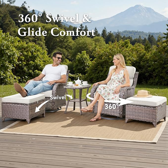 Belord Luxury 6" Thick Cushioned 5 Pieces Patio Furniture Set with 2 Ottomans, Wicker Outdoor Conversation Set with High Back Swivel Rocker Patio Chairs for Deck Porch Yard and Poolside - Brown+Beige