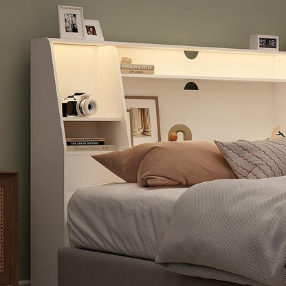 Queen/Full Headboard Queen Size with Storage, Wood Bookcase Headboard with Charging Station & 2 LED Lights, Modern Headboard Only for Queen Size Bed, Noise-Free, Sturdy and Durable, White