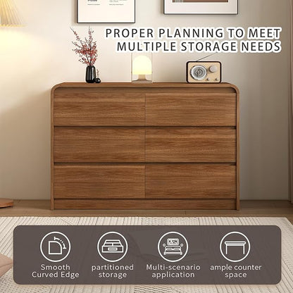 55 Inch Dresser For Bedroom 6 Drawer Wood Chest of Drawers - Curved Anti Collision, Mid Century Dresser For Closet with Natural Texture & Pre-Embedded Slots for TV Stand, Living Room, Nursery