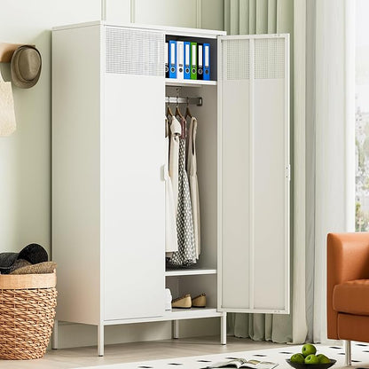 71 Inches White Metal Wardrobe Cabinet with Hanging Rod, Metal Armoire Wardrobe Closet with Doors for Bedroom, Office, Laundry Room and Changing Room, Metal Locker Cabinet