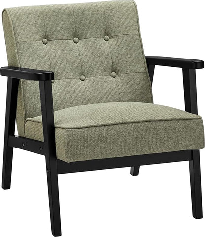 SONGMICS Accent Leisure Chair, Mid-Century Modern Arm Chair with Solid Wood Armrests and Legs, 1-Seat Cushioned Sofa for Living Room Bedroom Balcony Studio, Olive Green ULAC001C01