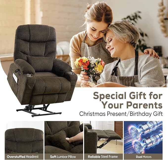 ABCASA Oversized Dual Motor Lay Flat Power Lift Recliner Chair with Massage, Heating, Lumbar Pillow, USB & Type-C Ports, Textile Lift Chairs Recliners, Large Recliner for Big & Elderly People - Brown