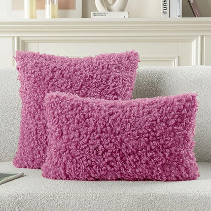 FUTEI Hot Pink Decorative Throw Pillow Covers 18x18 Inch Set of 2,Soft Fluffy Faux Wool Fur Boucle Textured Cushion Case,Modern Home Decor for Couch Bed Living Room Office