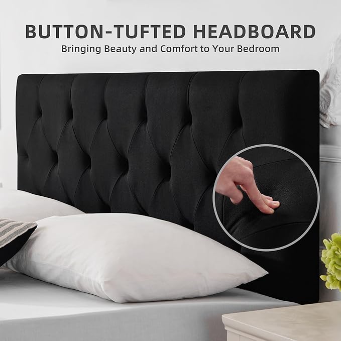 Linen Upholstered Headboard Full Size, Modern Diamond Tufting Solid Wood Full XL Headboard Only, Adjustable Height from 37” to 51” Head Board, Bed Frame or Wall Mount Headboards, Black