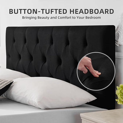 Linen Upholstered Headboard Full Size, Modern Diamond Tufting Solid Wood Full XL Headboard Only, Adjustable Height from 37” to 51” Head Board, Bed Frame or Wall Mount Headboards, Black