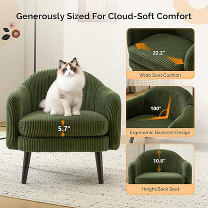 VINGLI 30.3" Wide Modern Barrel Accent Armchair with Track Armrest, Solid Wooden Legs, Comfy Upholstered Club Chair,Round Single Home Sofa for Living Room, Bedroom, Reading Room, Corduroy Green