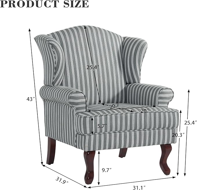 Pia Ricco Set of 2 Stripe High Back Accent Chairs: Upholstered Fabric Armchairs with Solid Wood Legs - Retro Living Room Pair, Comfy Reading Sofa Seats-Gray