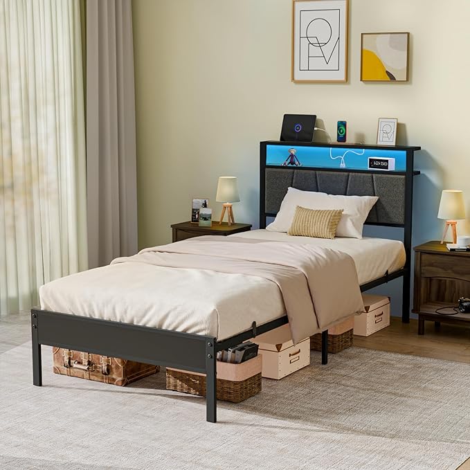 Z-hom Twin Bed Frame with Upholstered Headboard and Footboard, Metal Platform with Dual Storage Compartments, LED Lights and USB Ports, Easy Assembly, Grey