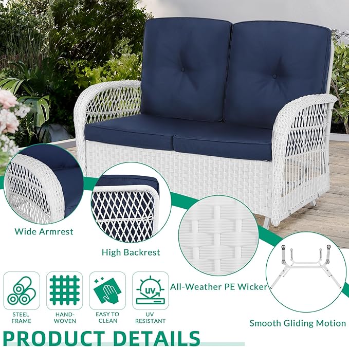 VIVIJASON 4-Piece Outdoor Patio White Wicker Conversation Sets, All Weather Outdoor Rattan Furniture Set Includes Glider Loveseat, Coffee Table, 2 Rocking Chairs with Cushions for Backyard, Navy Blue