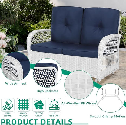 VIVIJASON 4-Piece Outdoor Patio White Wicker Conversation Sets, All Weather Outdoor Rattan Furniture Set Includes Glider Loveseat, Coffee Table, 2 Rocking Chairs with Cushions for Backyard, Navy Blue