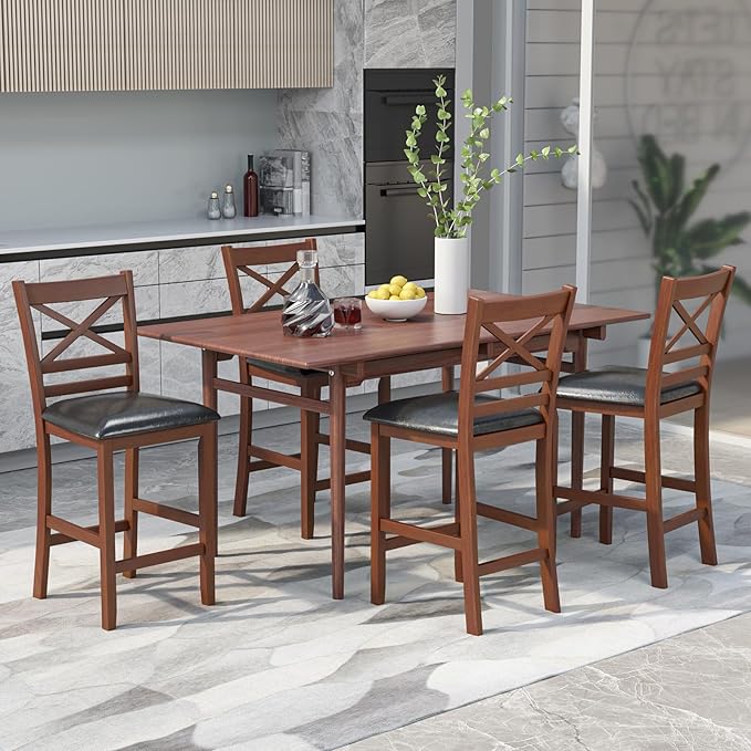 COSTWAY Barstools Set of 4, 25” Counter Height Mid Century Modern Island Chairs with Back, Soft Cushion & Faux Leather Seat, Wooden Armless Kitchen Stools for Home, Cafe Shop, Restaurant, Pub