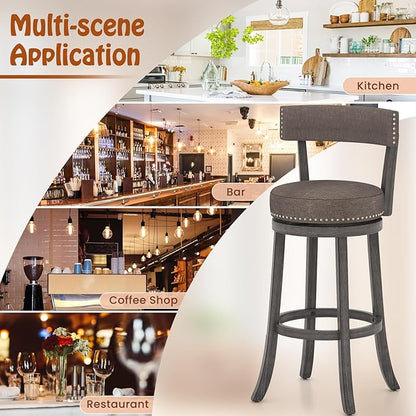 COSTWAY Bar Stools Set of 2, Upholstered Farmhouse Bar stools with Cushioned Seat & Backrest, Solid Wood Legs, Footrest, 31” Bar Height Swivel Stools for Kitchen Island, Pub (2, 31'' Seat Height)