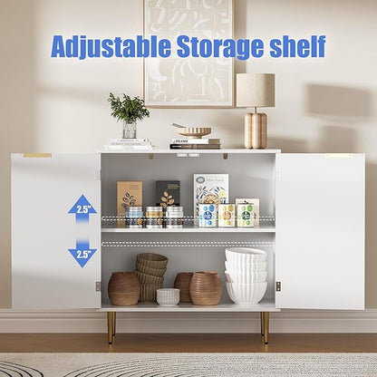 Buffet Sideboard Cabinet with 2 Doors, Modern Kitchen Cabinet with Golden Handles & Legs, Adjustable Shelf, Accent Coffee Bar Storage Sideboard for Kitchen, Living Room, White