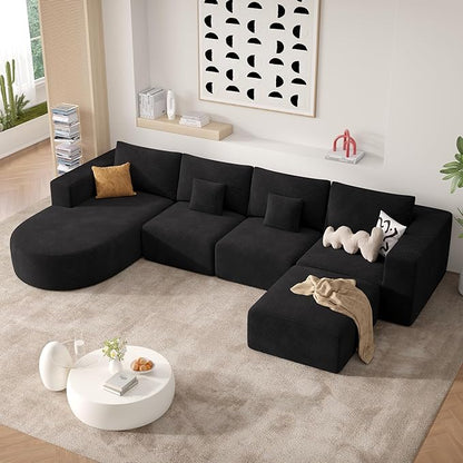 134" Boneless Couches for Living Room,Modular Sectional Sofa with Ottoman,Cloud Couch in a Box,Sponge Compression U Shaped Sofas with Chaise No Assembly Required,Black,1pcs