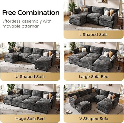 KKL 91.3" Large Modular Sectional Sofa Bed, 6 Seater Convertible J/L-Shaped Sleeper Cloud Couch with Ottoman, Chenille Sectional Couches for Living Room, Apartment, Grey