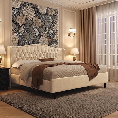 Belffin King Bed Frame and Headboard, Luxury Upholstered Velvet Platform Bed with Wingback, Button Tufted & Nailhead Trim, Anti-Slide Tall Footboard, No Box Spring Needed, Noise-Free, Beige