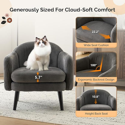 VINGLI 30.3" Wide Modern Barrel Accent Armchair with Track Armrest, Solid Wooden Legs, Comfy Upholstered Club Chair, Round Single Home Sofa for Living Room, Bedroom, Reading Room, Corduroy Grey