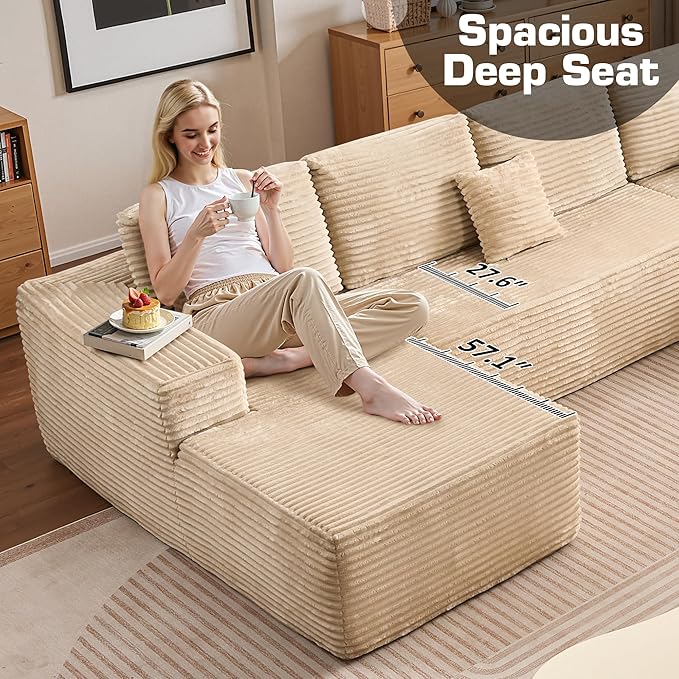 146‘' Oversized Cloud Sectional Couch, U Shaped Boneless Couches with Chaise & Ottoman, Plush Corduroy Deep Seat Modular Sofa for Living Room, No Assembly Required, Beige