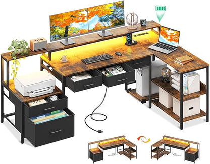 AODK L Shaped Desk with 5 File Drawers, 66" Reversible L Shaped Computer Desk with Power Outlet & LED Strip, Office Desk with Storage Shelves, Gaming Table with Monitor Shelf, Corner Table, Vintage